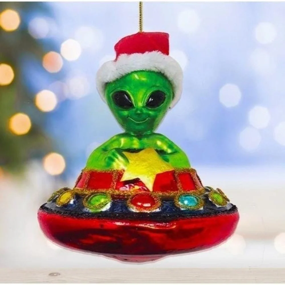 Vtg Style Halloween Alien in Santa Hat and‎ UFO Blown Glass Christmas Ornament